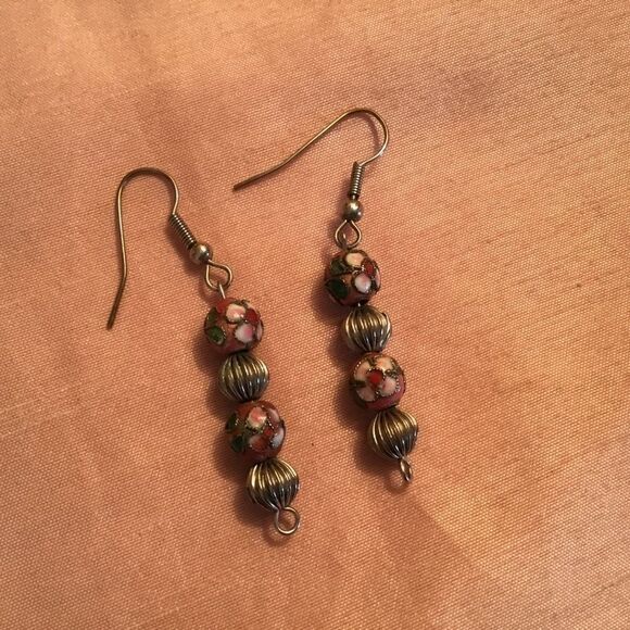 Silvertone and Cloisonne Earrings - Picture 3 of 5